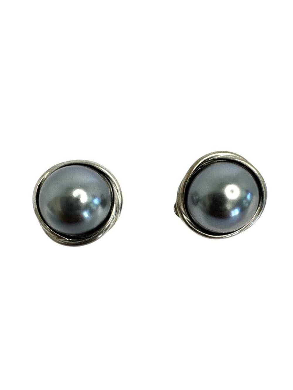 Vintage Clip-On Earrings With Silver & Gray Faux Pearl Planet Design